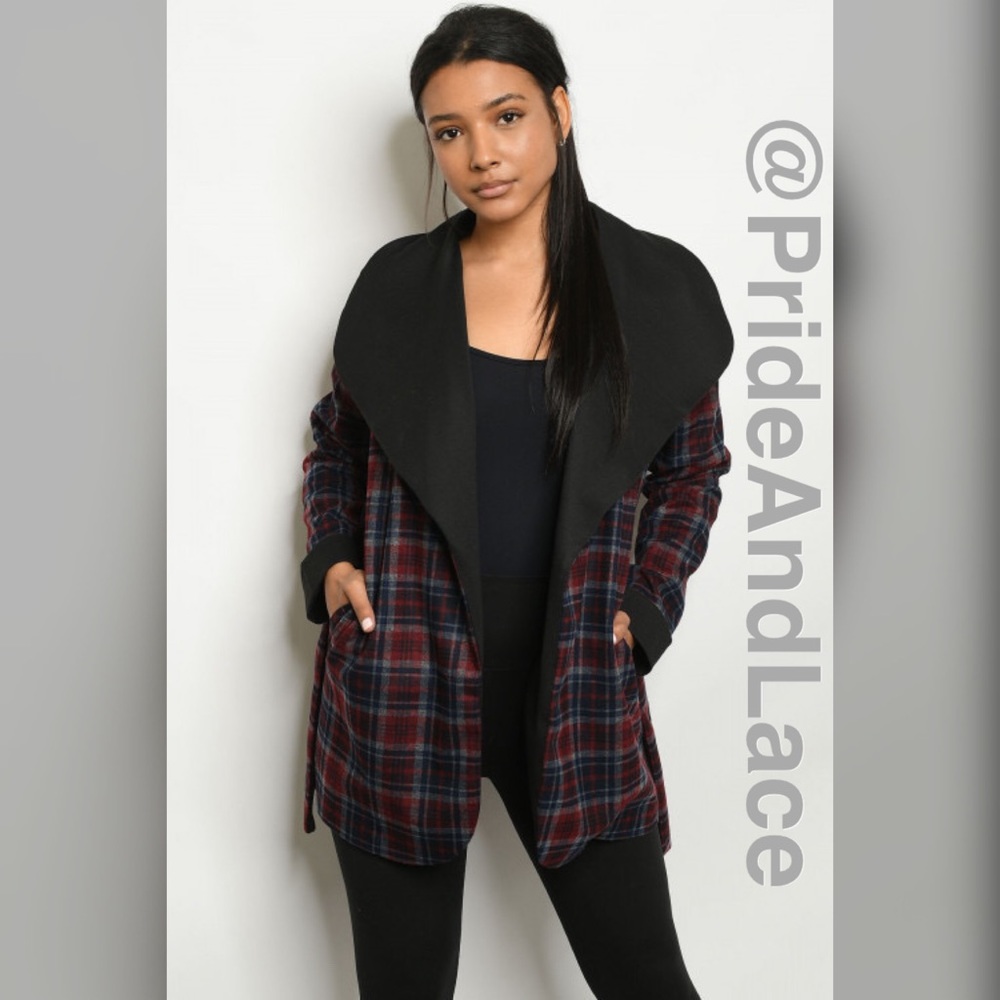🔴⚫️BLACK BURGUNDY CHECKERED TRENCH JACKET⚫️🔴 - Picture 4 of 10